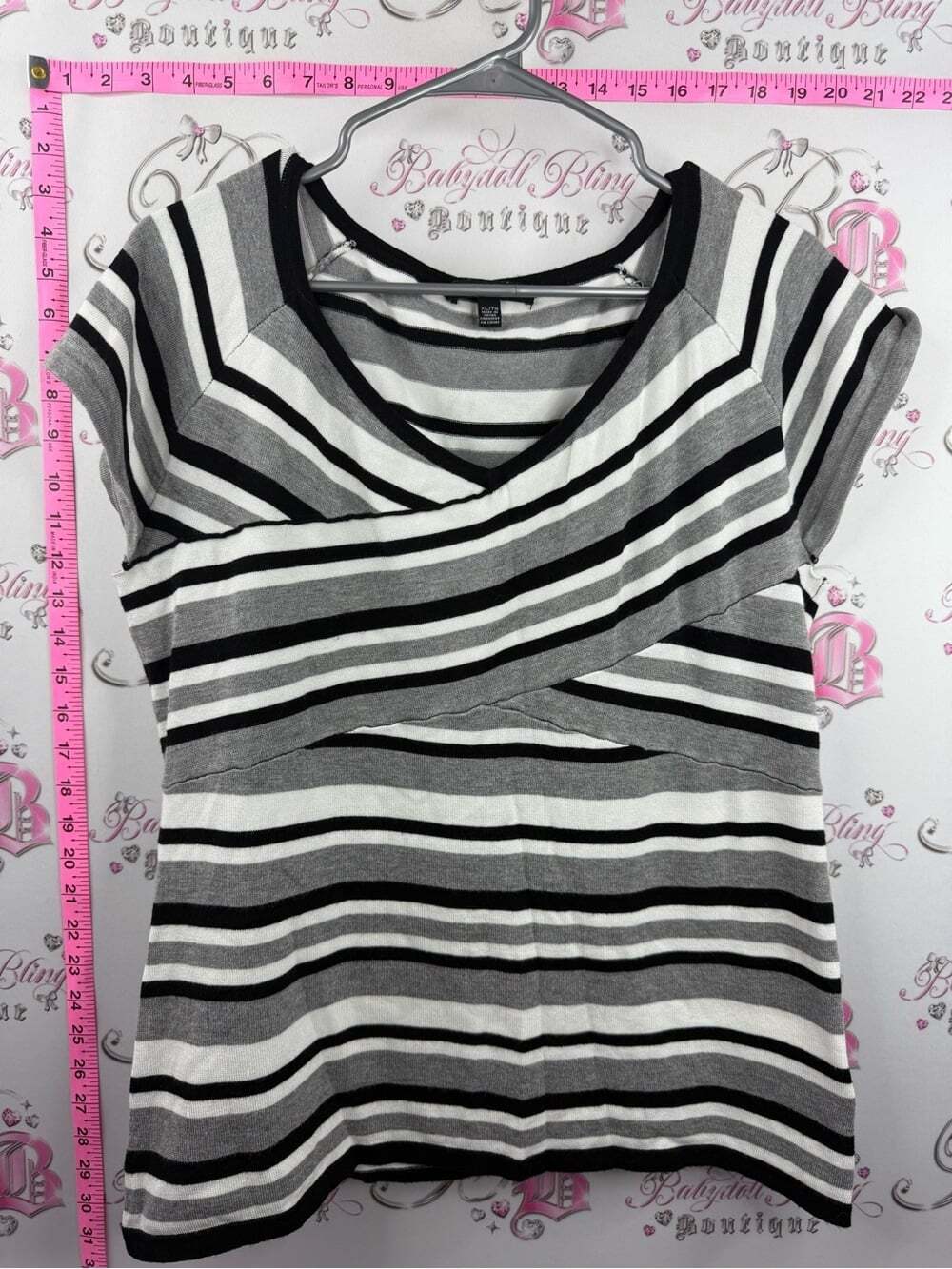 Cable & Gauge Black, Gray and White Striped Short-Sleeve Top
